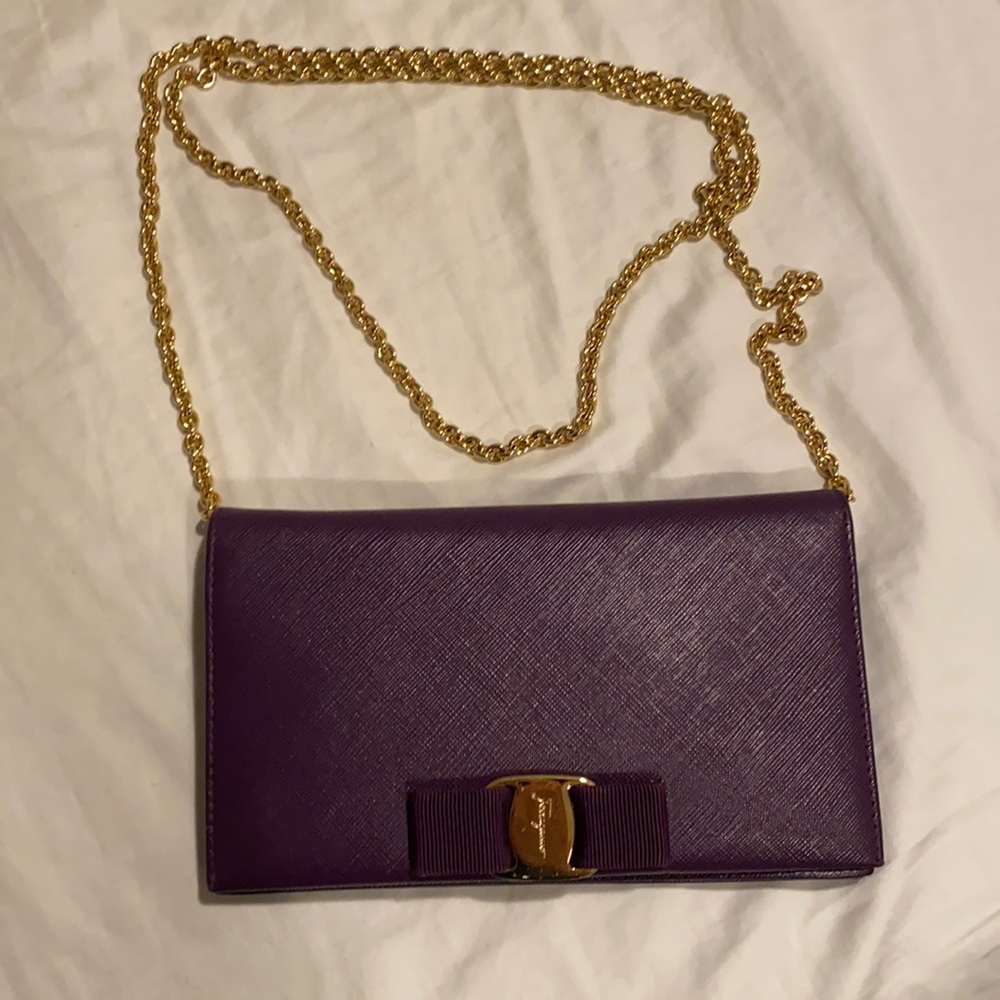 Salvatore Ferragamo Miss Vara Bow soft leather purple wallet on chain